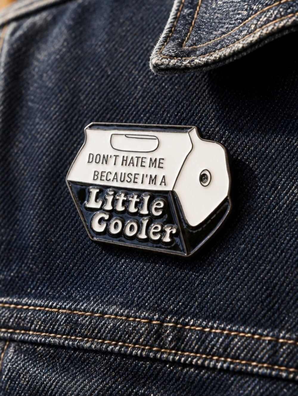 Don't Hate Me I'm a Little Cooler Enamel Pin Black White Funny Retro Pun Gift